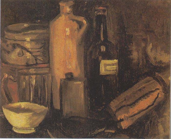Vincent Van Gogh Still-life with earthenware, glass of beer and bottles France oil painting art